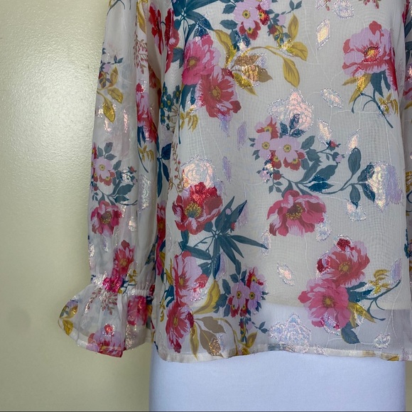 LOFT Floral Metallic Poet Ruffle Sleeve Blouse XSP - Picture 6 of 13